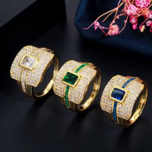 Luxe Designer Ring Sieraden AAA Cubic Zirconia Koper 18 K Goud Verzilverd Volledige CZ Wit Blauw Groene Edelstenen voor Dames Party Bruiloft Diamond Ringen Gift Maat 6-9