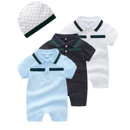 Luxe ontwerper Rompers pasgeboren babymeisjes en jongens 2 stks korte mouw zomer romper +hoed kaders set kinderoutfit kleding
