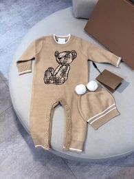 Luxe ontwerper Rompers pasgeboren kleding 2022 Herfst Winter Warm Wool gebreide Bodysuit Baby Boys Jumpsuit Toddler Infant Rompers Hat 2pcs