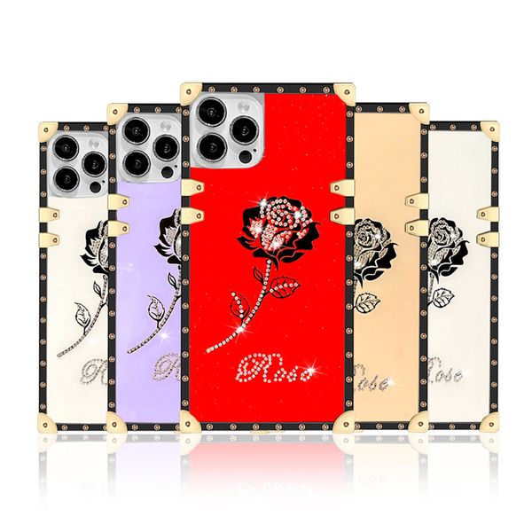 Designer di lusso Custodie per telefoni con fiori di rosa Diamante di moda per iPhone 13 Pro Max 12 mini 11 ProMax X XS XR 7 8 Plus Custodia per cellulare quadrata protettiva anti-caduta