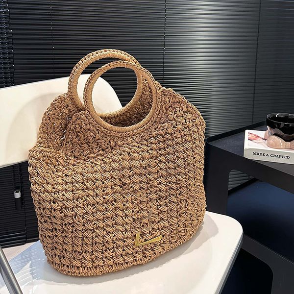 Designer de luxe rond cercle poignée fourre-tout raphia crochet paille panier sac tenue quotidienne pour les vacances grande capacité en plein air sacoche épaule sacs à main 42x36 cm