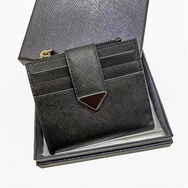 Diseñador de lujo Saffiano Triangle Carteras de cuero Monederos Monederos para hombre Titular de la tarjeta para mujer Cuero genuino con caja Titular de la tarjeta Cartera Puese 9 ranuras para tarjetas Bolsa para llaves