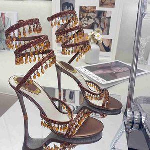 Designer de luxe sandales mode strass Rene Caovilla talon Cleo sandale chaussures d'été pompes de fête cheville envelopper femmes sandales