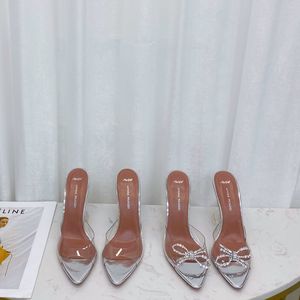 Sandalias de diseñador de lujo zapatos de tacón alto Amina muaddi Begum bow Crystal-Embellished hebilla puntiaguda toesl zapatillas de girasol calzado de verano zapatos de vestir