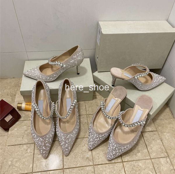 Sandalias de diseñador de lujo para mujer zapatos de vestir de banquete de verano tacones altos bombas sexy punta puntiaguda honda trasera zapato de mujer con cordones de cristal tul brillo plateado