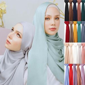 Luxe Designer Satijn Chiffon Hijab Sjaal Vrouwen Moslim Mode Crinkle Sjaal Big Size Rimpel Vrouwen Sjaals Tulband Bandana 2519