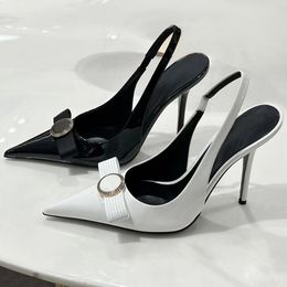 Luxe Designer schoenen Echt leer Lint Middelhoge slingback pumps Feest Bruiloft Puntige tenen Mode Klassiekers Gesp Strikje Naaldhak met kastje Avondschoenen