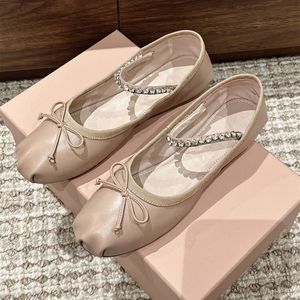 Luxe Designer Schoenen Echte Vrouwen Casual Schoenen Echt Leer Ballet Flats Kristal Vlinder-Knoop Mary Janes Mooie Ronde Neus Feestjurk Zapatillas Mujer