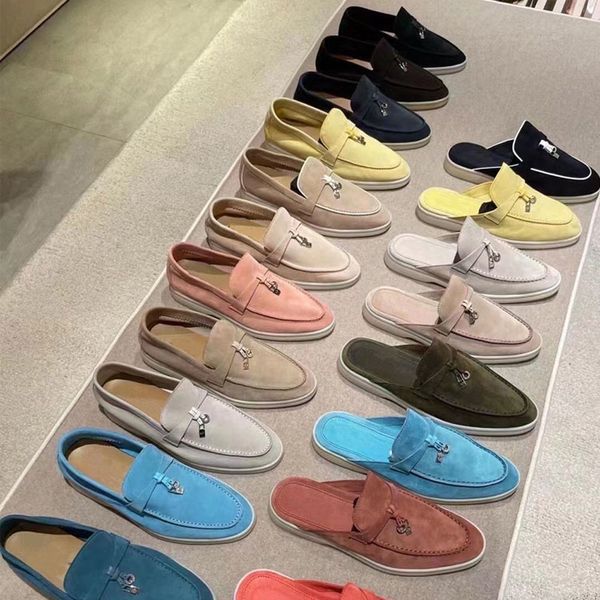 Zapatos de diseñador de lujo Moccasin Charms Walk Linen Slip-On Deep Ocra Babouche Mule Lofa de gamuza Slippers Flats Flats Beafa 100% Real Suede 35-45