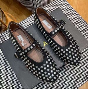 Luxe designer schoenen vrouwen ballet flats echt leer uitgehold uitgekleed gaas sandaal ronde hoofd strass Regel Buckle Mary Jane schoenen comfortabele loafers schoenen htr