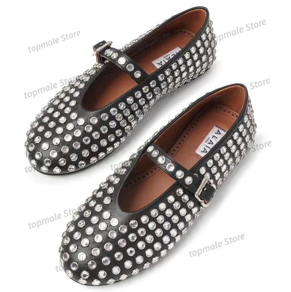 Zapatos de diseño de lujo en la cabeza redonda para mujer zapatos para botes de diez rhinestone cuero hebilla hebilla mary jane zapatos de vestir plano zapatos