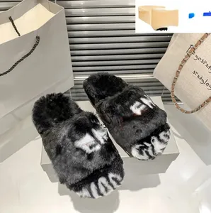 Chaussons de designer de luxe Allover Logo Furry Slide Sandals hommes femmes chaussures Beige Ebony White Logo top flat mens pantoufle