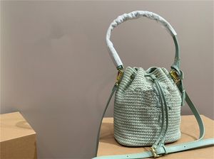 Bolso de cubo de paja de diseñador de lujo para mujer, bandolera de moda con cordón clásico para mujer, bolso de mano para mujer, bolso de hombro de lujo, tamaño 18cm