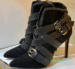 Luxus Designer Stil Frauen Leder Kurze Stiefel Schwarz Sexy Spitz High Heels Mode Laufsteg Persönlichkeit