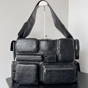 Bolso bandolera grande Superbusy de diseñador de lujo, piel de cordero Arena negra, bolsos de hombro a la moda para hombre y mujer, herrajes plateados con 5 bolsillos con cremallera