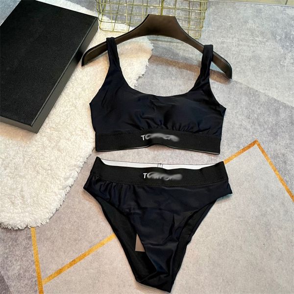 Diseñador de lujo Swimwear t Pure Black Bordery Sexy Bikini Set Women's Open Back Top Split Swimwear