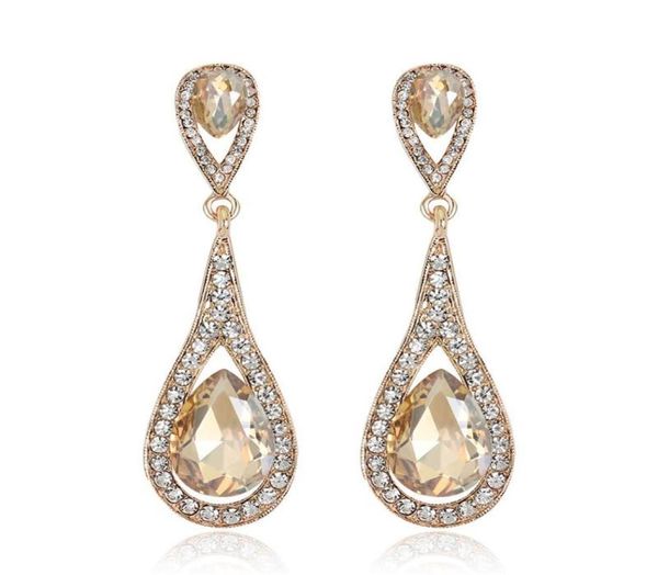 Designer de luxe Teardrop Champagne Cristal Boucles D'oreilles Pour Femmes Or Couleur Dangle Charme Longues Boucles D'oreilles De Mariée Bijoux De Mariage8787196