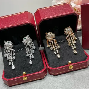 Luxe ontwerper Tiger Gold -oorbellen Volledig kristal diamant merkontwerper luipaard hoofd lange kwasteketen kristal charme drop oorbellen voor vrouwelijke sieraden met doos