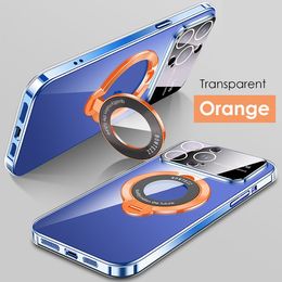 Luxe Designer Transparante Magnetische Stand Telefoon Gevallen Voor iPhone 13 12 11 14 Pro Max 14Plus Plating Beugel Glas Lens Film Bescherming Cover Logo gat