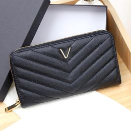 Portefeuille de luxe en cuir pour femmes, porte-cartes long avec fermeture éclair, porte-monnaie, ligne V, pochette à simple traction, sacs à main en cuir véritable noir