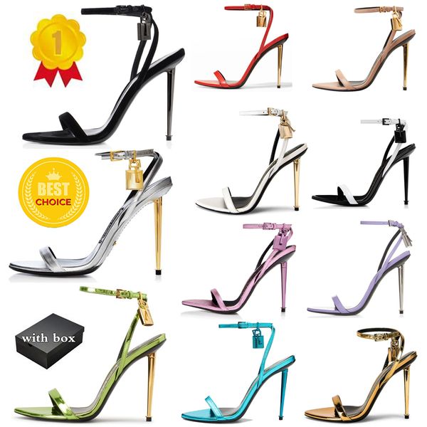 Marca de moda de lujo Mujer Sandalia Reina zapatos Candado Sandalias de cuero metálico punta estrecha sandalias de tacón alto desnudo diseñador de lujo tacón alto Eu 35-44