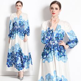 Diseñador de lujo Mujer blanca Maxi Vestido Batas Manga de linterna Con cuello en V Vestidos de fiesta de cintura alta delgados 2023 Otoño Invierno Elegante Estampado Pista Vestidos de vacaciones casuales