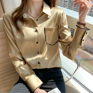 Luxe Designer Vrouw Goud Zijde Blouses Lange Mouw Button Up Shirt Herfst Winter Mode Shirts Grote Maat 2023 Kantoor Dames Revers Runway Casual Veelzijdige Tops