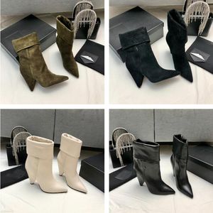 Botas de diseñador de lujo para mujer, botas de gamuza suave con cremallera lateral, zapatos de tacón alto a la moda para mujer, suela de cuero, tamaño 35-40