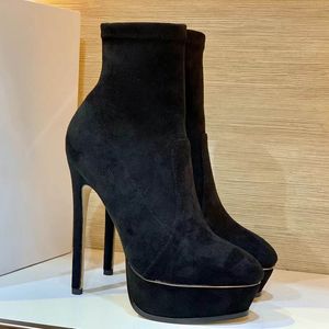 Botas cortas de tacón alto de diseñador de lujo para mujer, botas 100% de piel de cordero con suela gruesa de aguja y punta redonda, botas elásticas sexis negras, botas de invierno 35-41