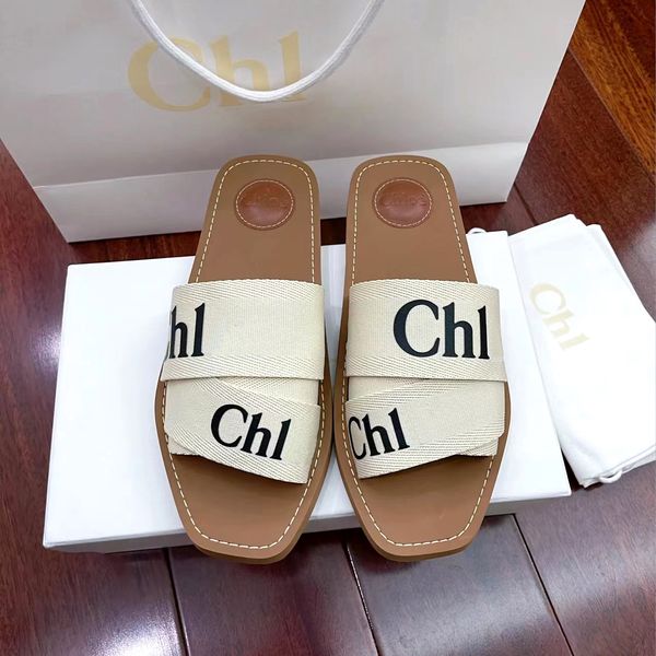 Top Qualité Chloee Woody Toile Chaussures Casual Sandal Slipper Sliders Sliders Plat Luxe Designer Pantoufles Hommes Femmes Slide Indoor Hôtel Voyage Flip Flops Mules Box