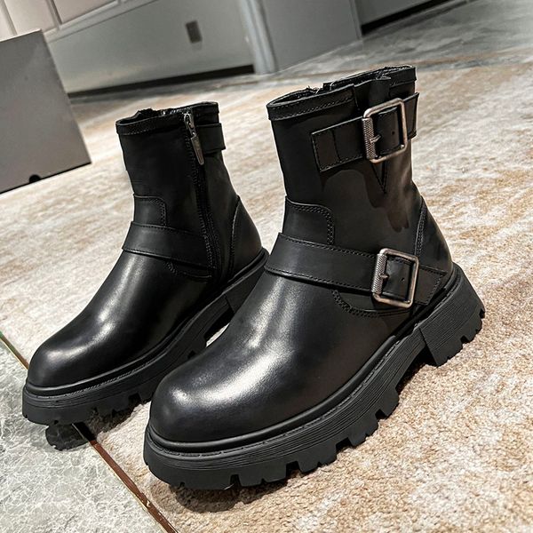 Botas de mujer de diseñador de lujo Otoño Nueva marca clásica Botas Martin de fondo plano Cuero de vaca importado Lana real Pies acolchados Fondo grueso Anti diapositivas Bota de nieve para mujer