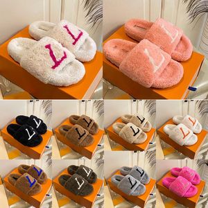 Luxe Designer Dames Fuzzy Slippers bont Harige Winter Warme letters Merk Slides Vrouw Slider Loafers Schoenen Platte Muilezel Wol Pluizige Slipper Roze Wit Groen Sandalen