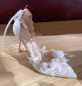 Luxe designer Dames High Heelss schoenen Lady Party Banquet Wedding Heel Sandalen Glitter Crystal Pearl Lace Butterfly Shoe -platform Witblauw roze met doos