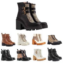 Luxe Designer Dames Platform Laarzen Wit Geborduurd Bee Star Dikke Hakken Luxe Winter Warme Enkellaars Topkwaliteit 35-40