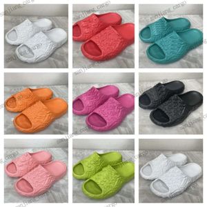 Diseñador de lujo para mujer Zapatillas DIMENSIÓN para hombre Diapositivas de goma Color caramelo Tobogán de piscina Resbalón en la playa Mula plana Sandalia deportiva Chanclas Sandalias causales Mocasines