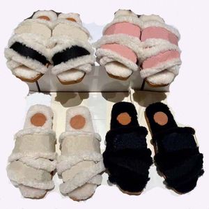Zapatillas de piel de oveja de lana para mujer de diseñador de lujo Piel de una pieza de lana de cordero Zapatilla plana de goma resistente al desgaste cálida y cómoda 35-41 Con caja