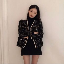 Luxury Designer Wool Coat Women Black Vintage V Neck Plaid Tweed Jackets Golden Buttons Elegant Office Lady Outwear Korean A396 201106