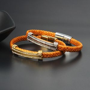 Pulseras amarillas de cuero genuino para hombre, venta al por mayor, 10 Uds., pulsera de tubo largo de circonia cúbica transparente, joyería de acero inoxidable para mujer