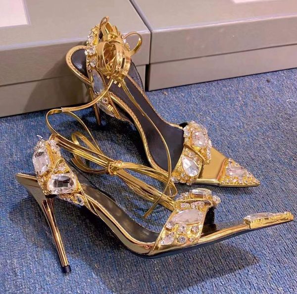 Designers de luxe talons métalliques cristal embelli cheville-cravate sandales à talons aiguilles talons pour femmes chaussures de soirée de soirée bout ouvert veau miroir en cuir