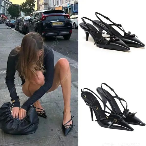 Zapatos de diseñadores de lujo zapatos de tacón burdeos de tacón slingback de patente con hebillas correa de tobillo gatito tacones sandalia tacón de tacón