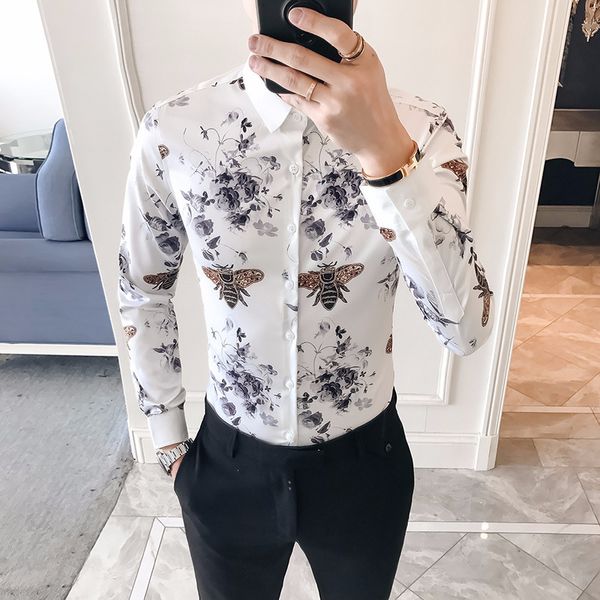 Camisas de vestir para hombres Camisa con estampado de diseñador de lujo para hombres Corea Slim Fit Camisa de manga larga Masculina Chemise Homme Social Party Club