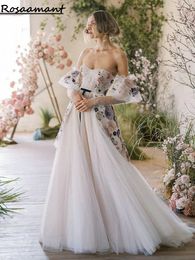 Vestidos de novia de lujo de manga desmontable con volantes plisados vestidos de novia de encaje floral 3D con lentejuelas coloridas