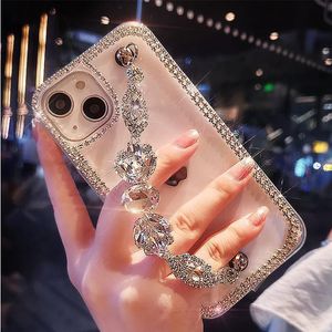 Luxe Diamant Clair Cas Bling Bracelet Dragonne Paillettes Chaîne De Poignet Anti-Rayures 3D Antichoc Housse De Protection Pour iPhone 15 14 13 12 11 Pro MAX 8 7 Plus SE2