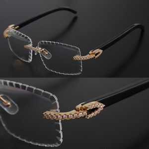 Anteojos con lentes de corte de diamante de lujo Moissanite Diamond Set Rimles Eyewear Diseñador Mujer o Hombre Original Blanco Interior Negro Cuerno de búfalo Sin montura Tamaño óptico 58MM