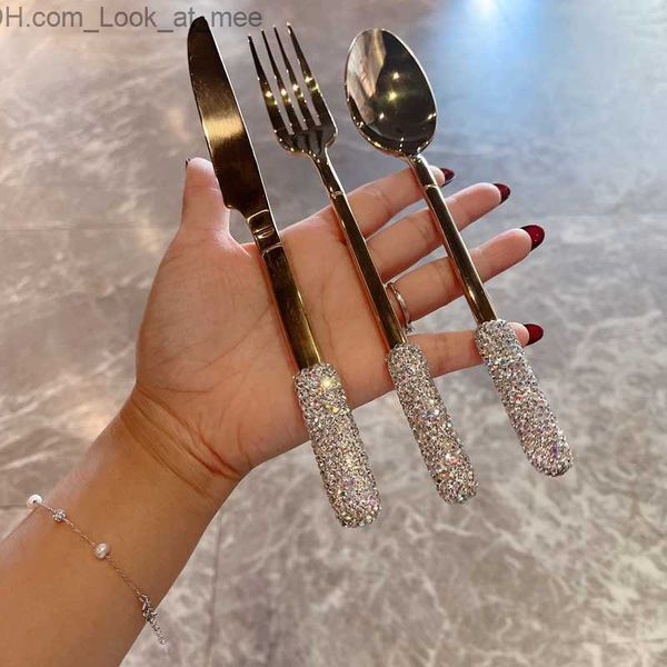 Luxe diamant couverts en acier inoxydable fourchette cuillère couteau or argent argenterie vaisselle maison cuisine vaisselle de mariage approvisionnement Q230830