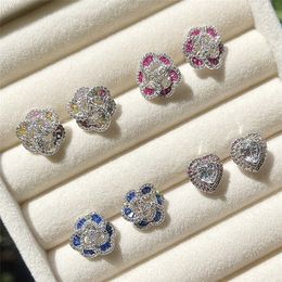 Pendiente de diseñador de diamantes de lujo para mujer Plata de ley 925 Corazón redondo Rosa Azul Verde Circonia 5A Oro de 18 quilates Aretes traseros para mujer Accesorios de joyería Caja de regalo