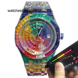 Luxe Diamond Designer Rainbow Big Stones Square Moissanite Watch PASS TEST Diamants pour hommes Qualité supérieure Mouvement mécanique Full Iced Out Sapphire Personnalisé