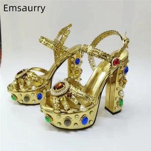 Sandales luxe diamant plate-forme chaussures de mariage mariée cristal strass talon épais cuir véritable métal décor femmes