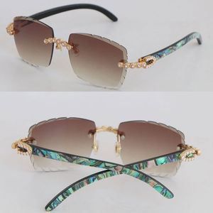 Lunettes de soleil sans monture serties de diamants de luxe Femme Shell à l'intérieur de la corne de buffle noire Hommes 3524012 Verres sculptés Big Stones Lunettes de soleil carrées Homme et femme Or 18 carats Taille 58