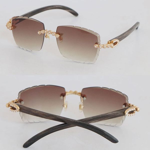 Lunettes de soleil sans monture serties de diamants de luxe Femme originales en corne de buffle noire marbrée Hommes 3524012 Verres sculptés Big Stones Lunettes de soleil Unisexe Carré Or 18 carats Taille 58